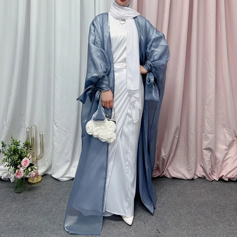 Open Abaya Laser Tie Bow Sleeves Cuff Muslim Women Soft Shining Satin Modest Abaya Islamic Clothing