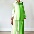Liu Ming Women's Elegant Casual 2-Piece Outfits Long Sleeve Shirt with Button Decoration and Ankle-Length Pants Suit