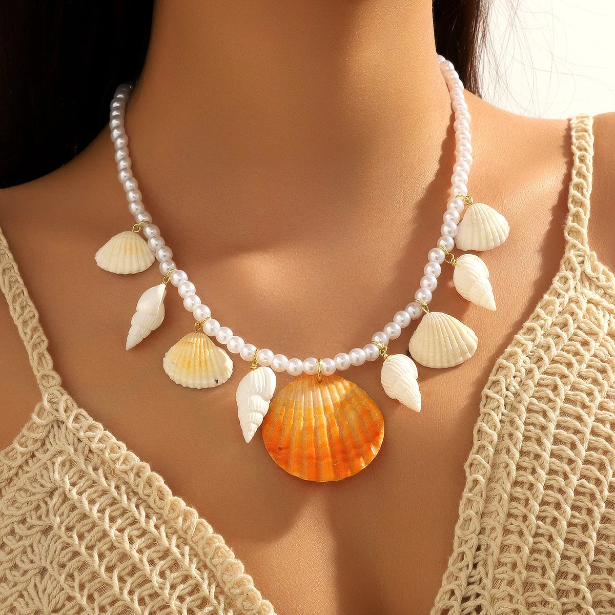 Summer Beach Pearl Shell Starfish Charm Necklace Bohemian Colorful Seed Bead Shell Beaded Necklace Jewelry for Women