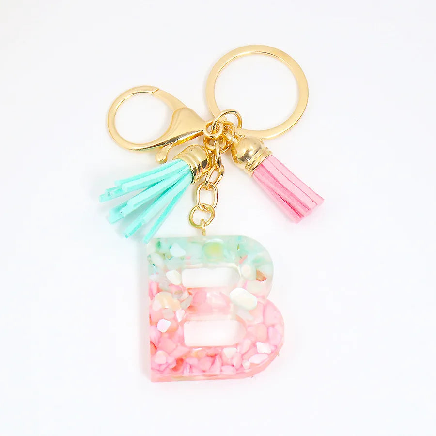 Two Leather Tassels Initial Letters Resin Key Chains Cute Double Tassel Keyring Wholesale English Alphabet Tassel Keychain