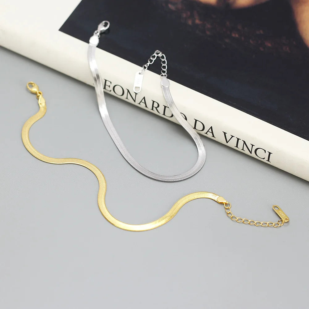 Classic Flat Snake Chain Minimalist 925 Sterling Silver Jewelry Blade Chain Bracelet for Women