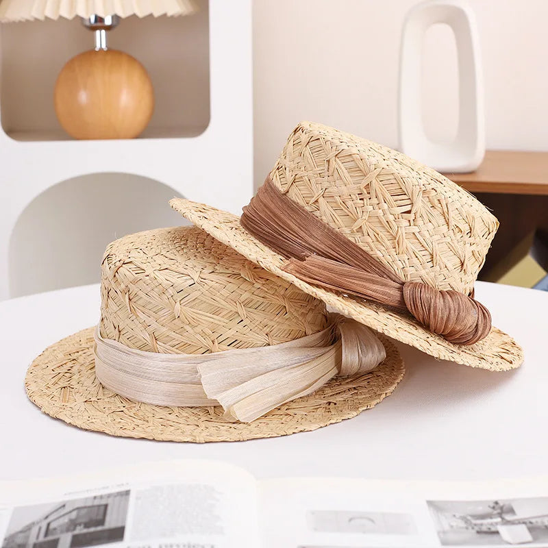 New summer silk linen trim sunscreen raffia straw hat women outdoor flat top boater hat