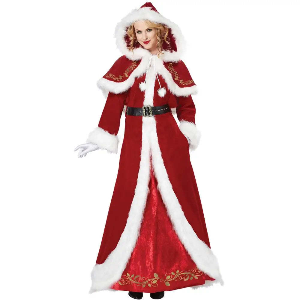 Plus Size Christmas Masquerade Miss Santa Claus Cosplay Coetume Xmas Holiday Winter Red Warm Velvet Fancy Dress
