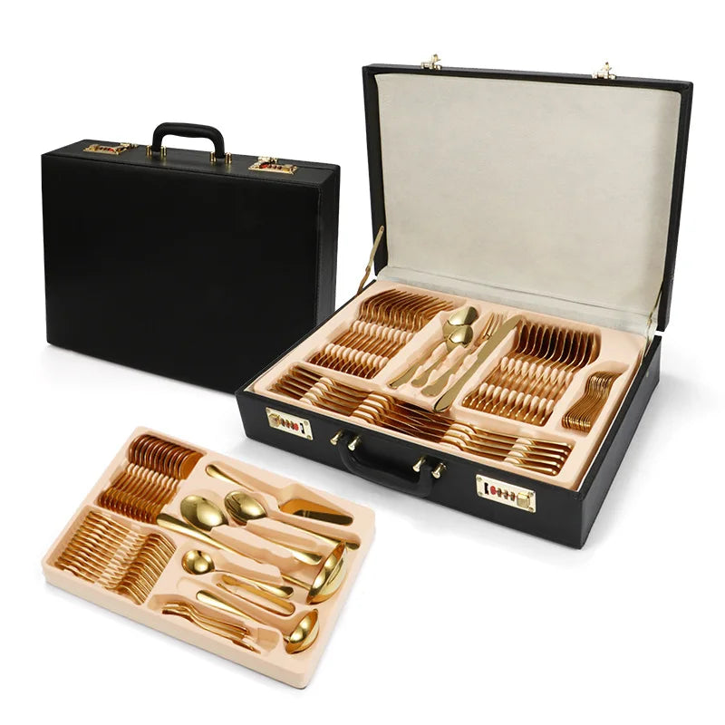 Hot Selling Hotel Gold Cutlery Set Stainless Steel Knife Fork Soup Spoon 84 Pcs Dinner Flatware Set with Wooden Box