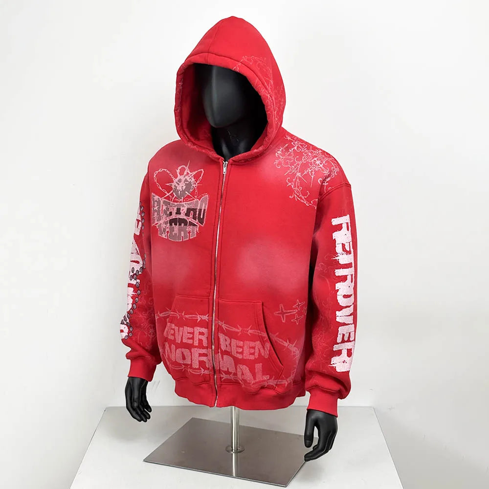 TOPSHOW Hoodie Manufacturers Custom Screen Printing Street Wear Cotton Heavyweight Oversized Zip up Acid Wash Hoodies for Men