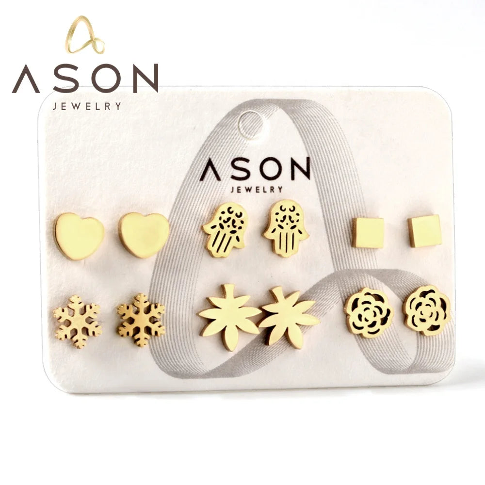 Ason Jewelry 18k Gold Plated Mixed Style 6 Pairs/Card Geometric Stud Earrings Fashion Stainless Steel Earrings Set for Children