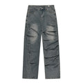 Denim Boyfriend Stonewashed Faded Blue Plus Size Winter Autumn Button Streetwear Pleated Design Straight Jeans for Men