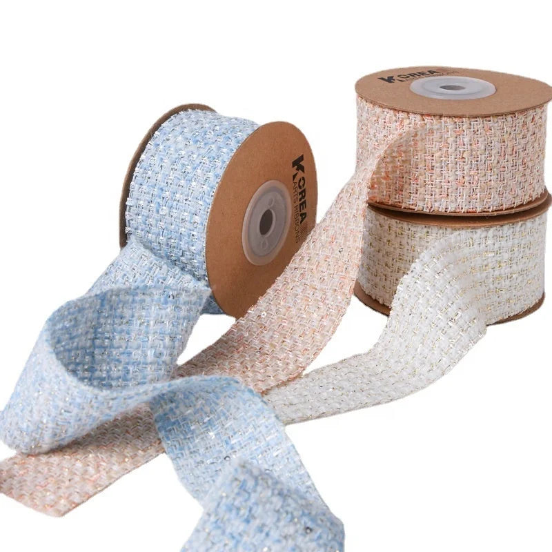Metallic Yarn Stweed Fabric Gingham Ribbon Wholesale Blue Plaid Ribbon