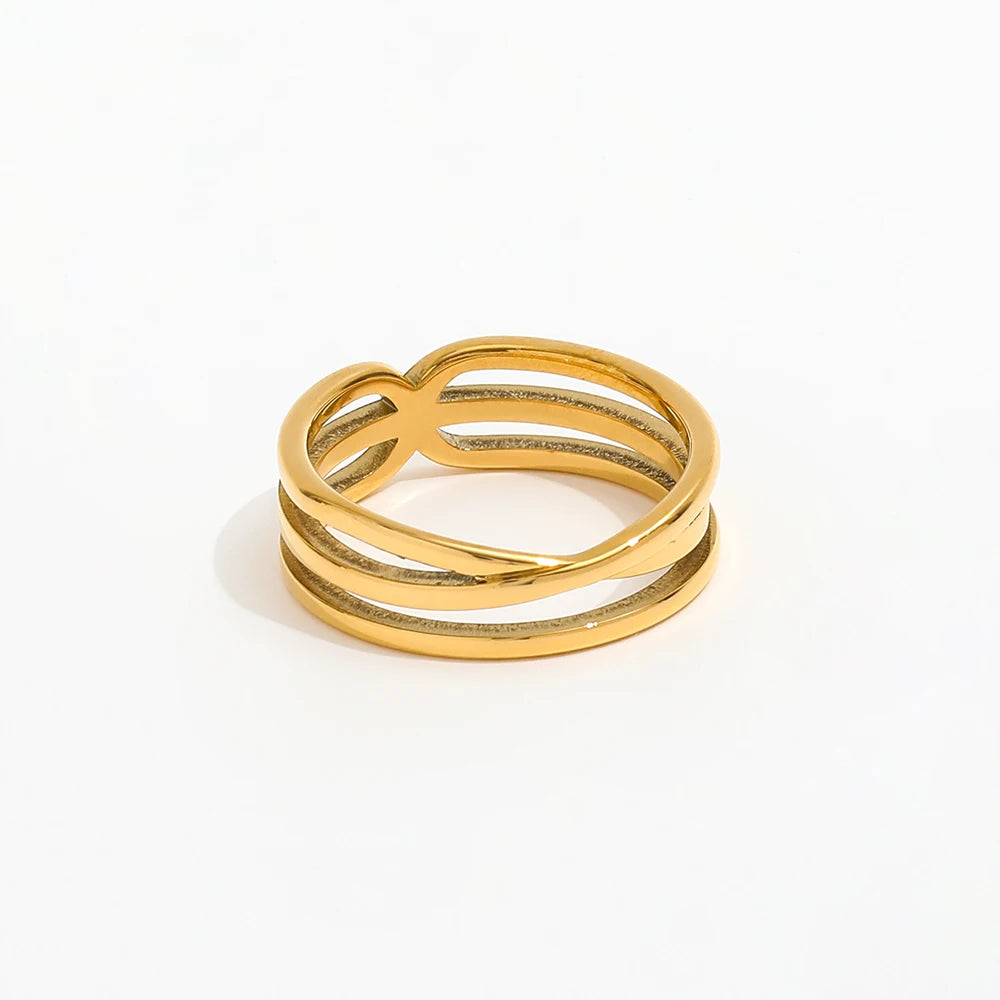 Joolim Jewelry Wholesale 18K Gold Plated Lines Multi-layer Cross Stainless Steel Rings for Women Dainty Rings