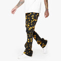 Black Multi-pocket Stacked Jeans Have Eye-catching Yellow Print All-over Printed Skinny Cargo Pants Jeans