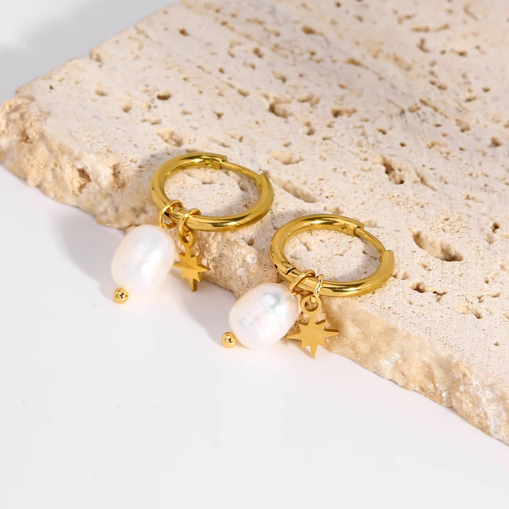 18K Gold Stainless Steel Drop Earrings with Freshwater Pearl Trendy Dangle Jewelry for Gift