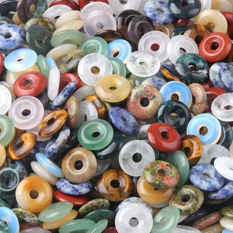 Cute 20mm Round Donut Lucky Peace Buckle Natural Crystal Semi-Precious Stone Big Hole Circle Agate Jade Stone Donut for DIY