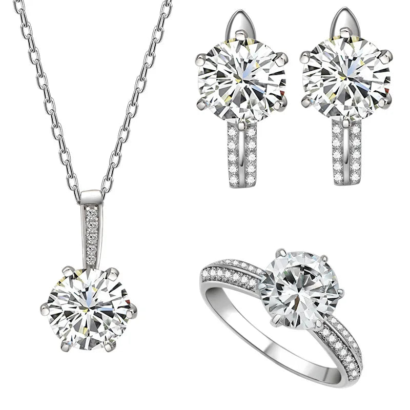 Fine Six-claw CZ Diamond Pendant Necklace Women Earrings 925 Sterling Silver Fashion Fine AAAAA Cubic Zirconia Jewelry Sets