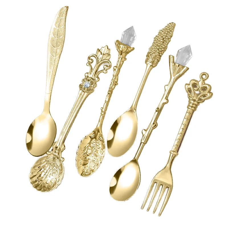 Vintage Royal Style Coffee Spoon Fork Set Stainless Steel Embossed Flower Crystal Handle Dessert Teaspoon For Wedding Gift
