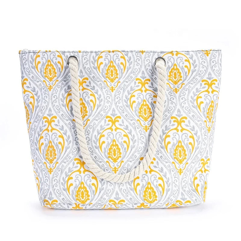 2024 Summer New Recreational Large  Multi-function Printing Shoulder Canvas Rope Tote Beach Bag with Zipper