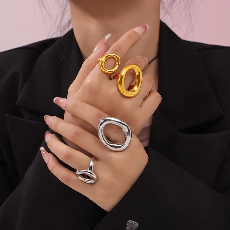 Waterproof Minimalist Stainless Steel Round Exaggerated Ring 18K Gold Plated Irregular Geometric Ring Jewelry for Women