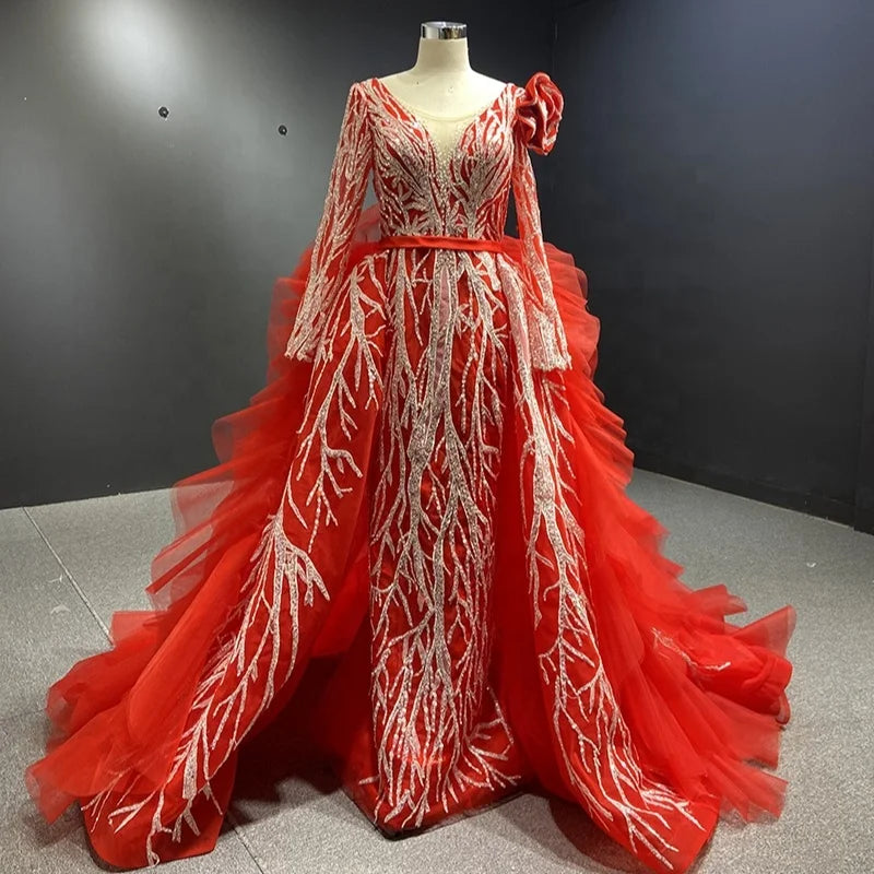 Jancember Rsm67079-1 Ladies Luxury High-Quality Red Carpet Lace Embroidery Red Evening Dress