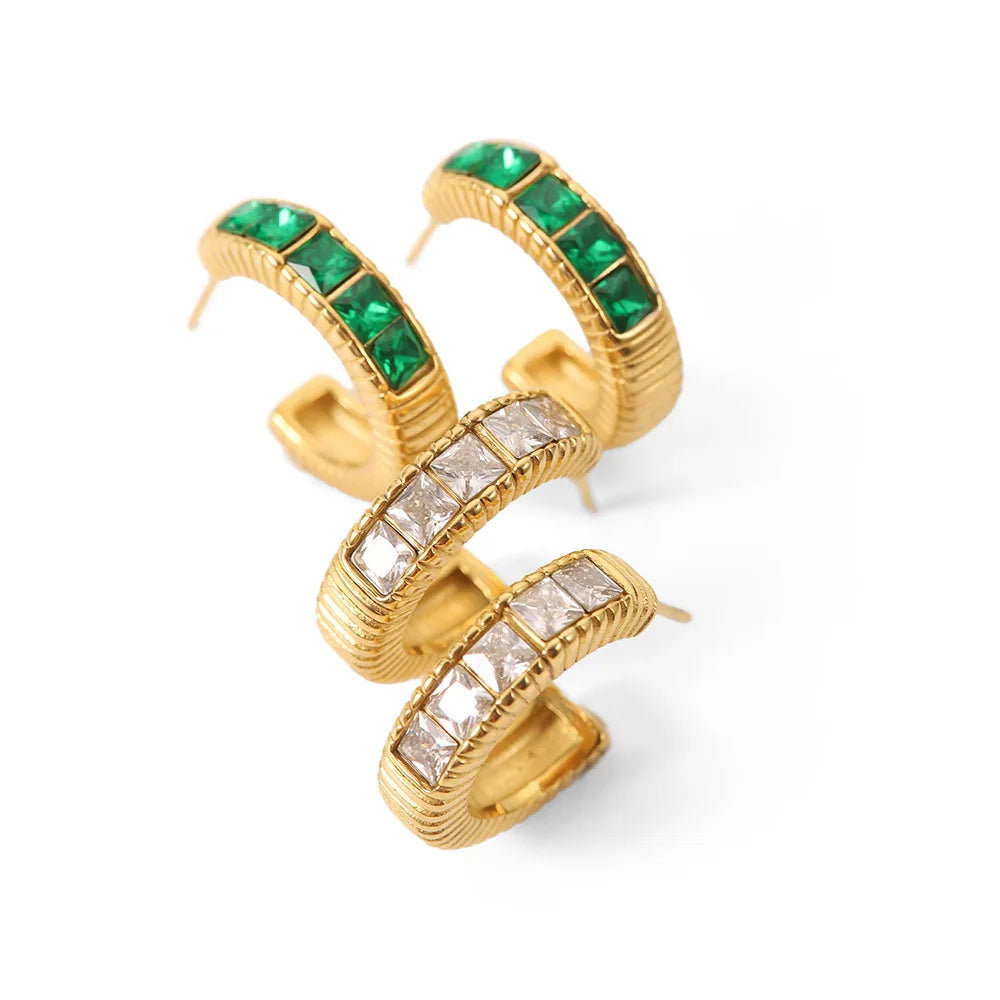 High Quality Bling Square Cubic Zircon Inlaid Stud Earrings 18K PVD Gold Plated Stainless Steel C Shape Earrings Jewelry