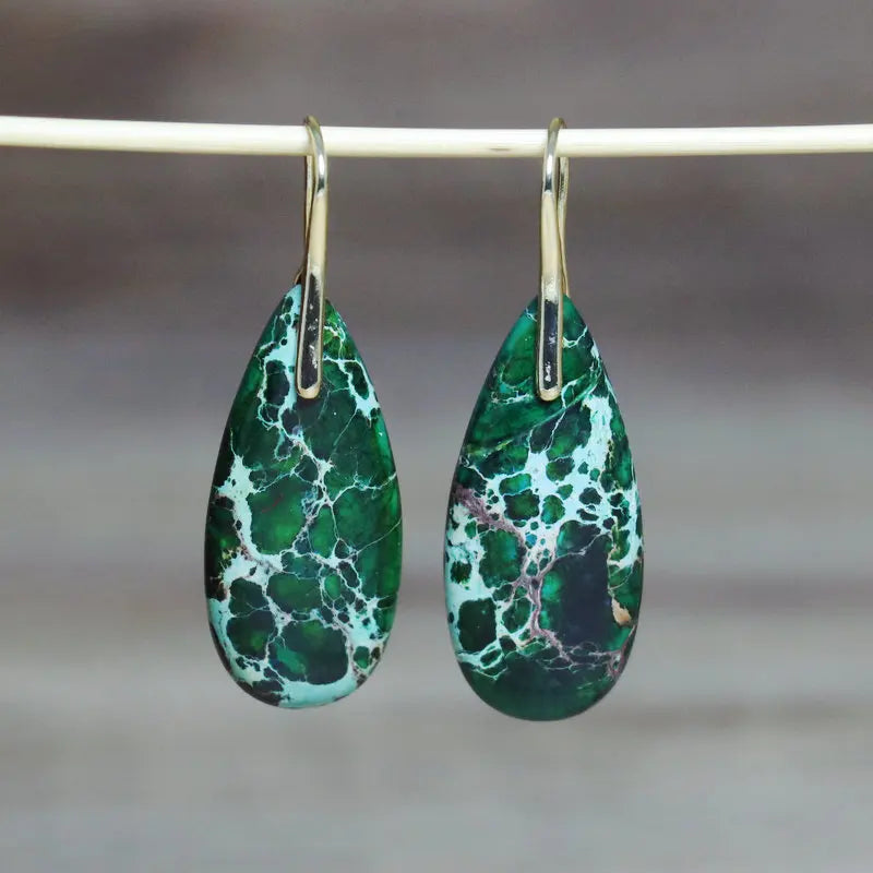 Natural Imperial Jasper Earrings for Women's Fashion Jewelry 18k Gold Plated Ear Hook Dainty Gemstone Boho Earrings