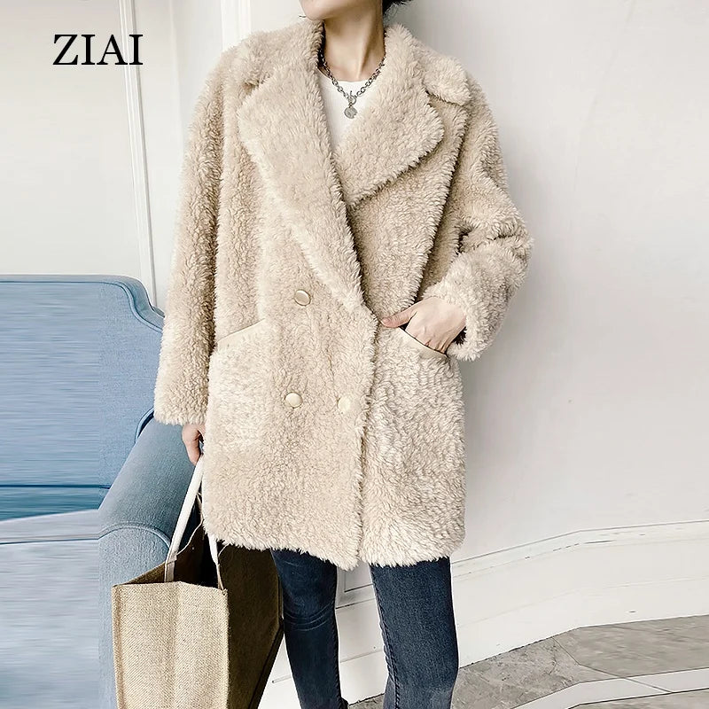 Wholesale Lamb Fur Coat Women Winter Mid-length Fur Coat Sheep Shearing Coat Korean Style Suit Collar Loose New