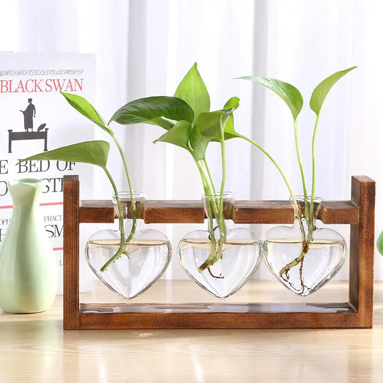 Heart Terrarium Table Desktop Hydroponics Plant Flower Pot Hanging Wood Glass Vase with Wooden Tray