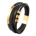 Hot Selling Custom Logo Blank Bar Stainless Steel Braided Leather Bracelet Multi-Layer Leather Bracelet for Men