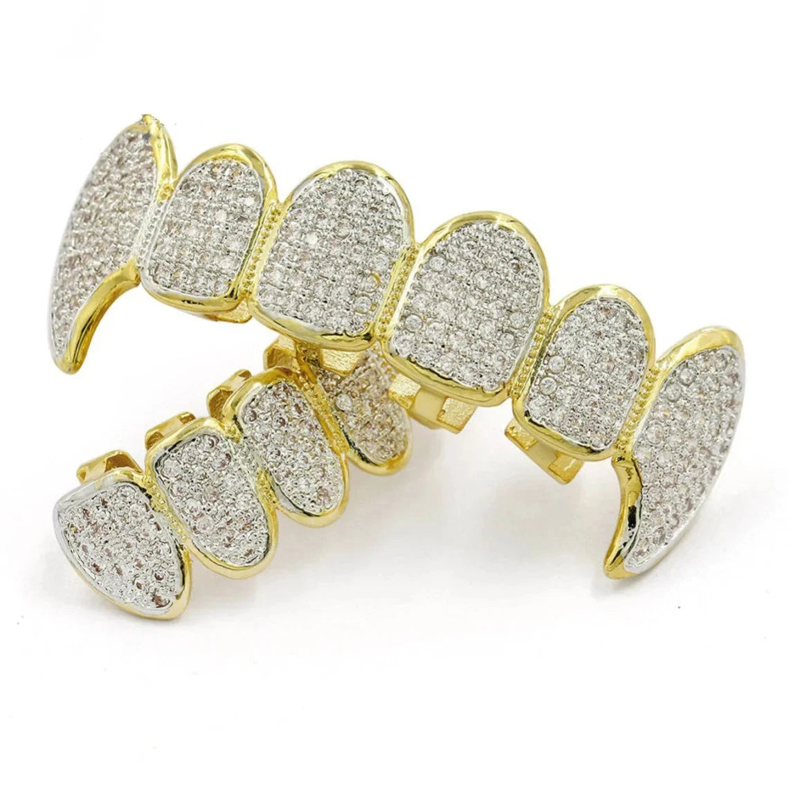 Classic Vampire Fang Cuban Zirconia Diamond Grills Teeth Grillz Gold 2 Tone Grillz for Teeth Gift Hip Hop Body Fashion  Jewelry