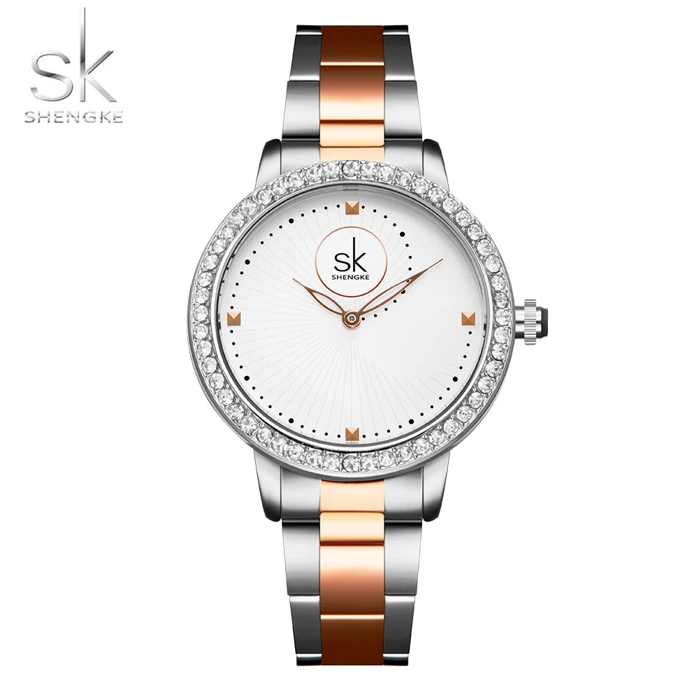 Shengke Fashion Lady Watch Rhinestone Case Quartz Women Watch Luxury Silver With Rose Gold Steel Female Wristwatch Montre Femme