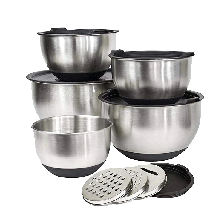 Non Slip PE Lid Salad Mixing Bowl Cheap More Popular High-grade Set of 5 Baking Stainless Steel Metal Customized Mixing Bowls