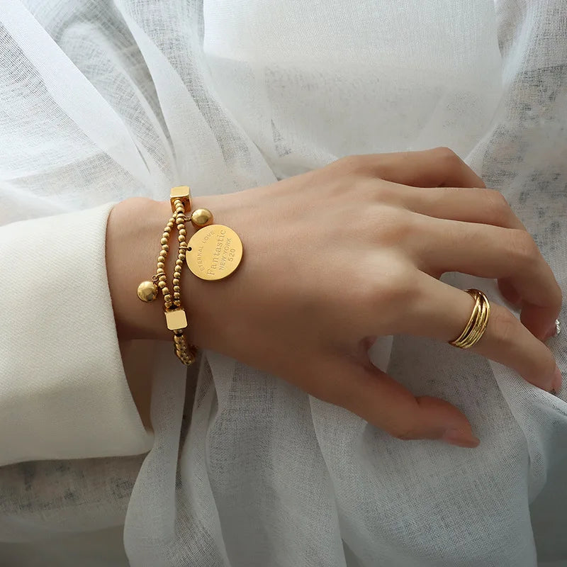 Korean Retro Bracelet Gold Love Round Brand Elastic Line Double-Layer Hand Stainless Steel Bracelet