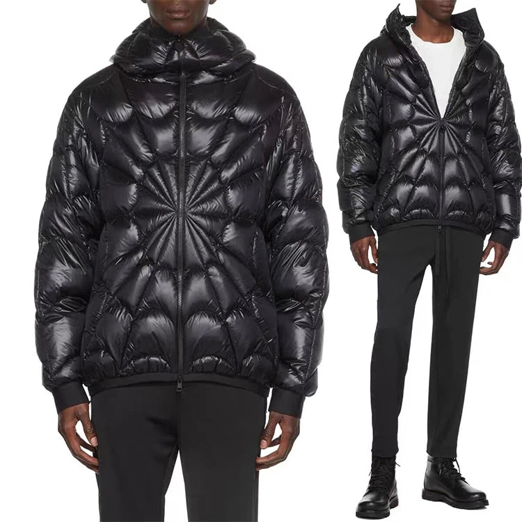 High Street New Fashion Custom Bubble Jacket Spider Web Padded Cotton Men Winter Jackets Black Shiny Puffer Jacket