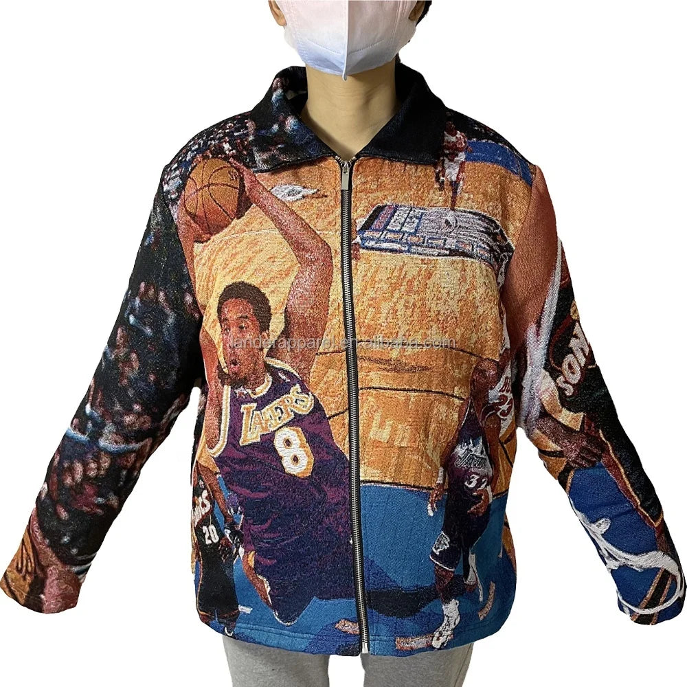 Custom Plus Size Men's Bryant Tapestry Jacquard Cardigan Zipper Jacket with Letter Pattern Aus Wandteppich Sweater for Spring