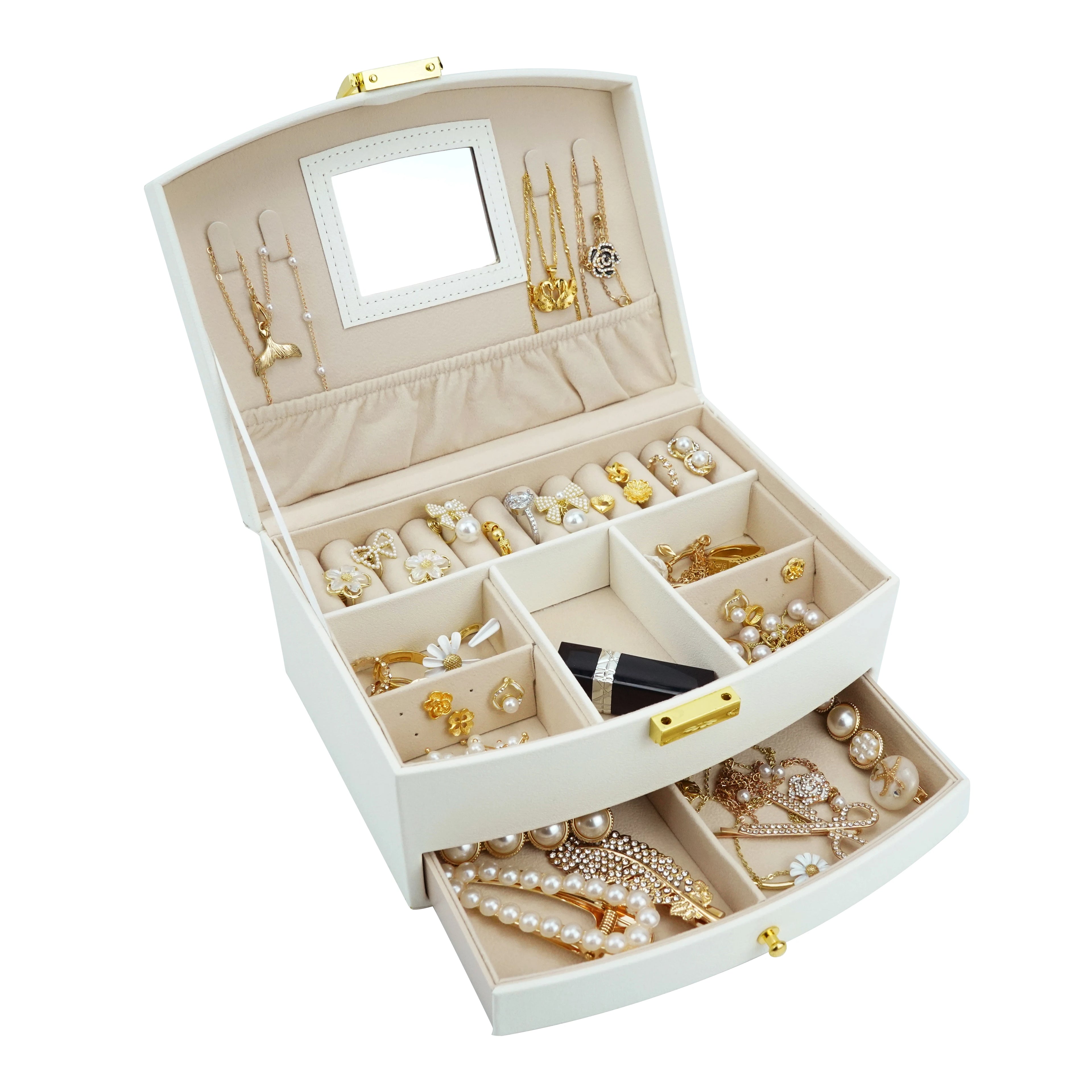 Portable PU Leather Travel Jewelry Organizer Box Mirror Drawstring Closure Custom Logo Printed Jewelry Storage Gift Box Stock