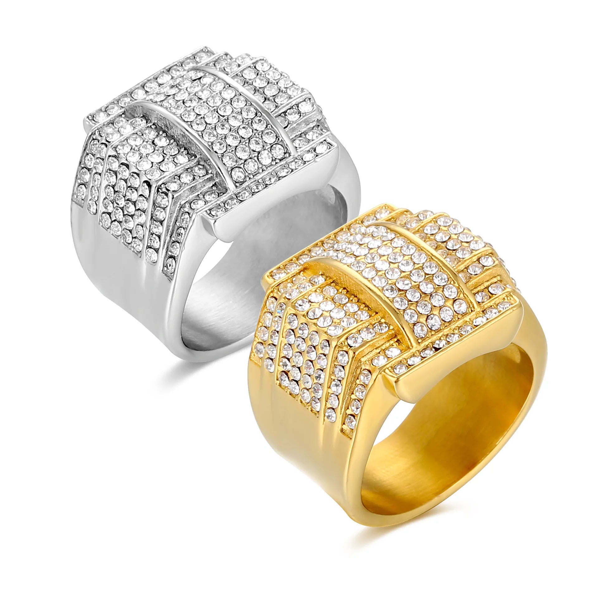 316L Stainless Steel Full Zircon Ring Gold Plated Luxury Lucky Signet Ring for Men Party Hip Hop Jewelry