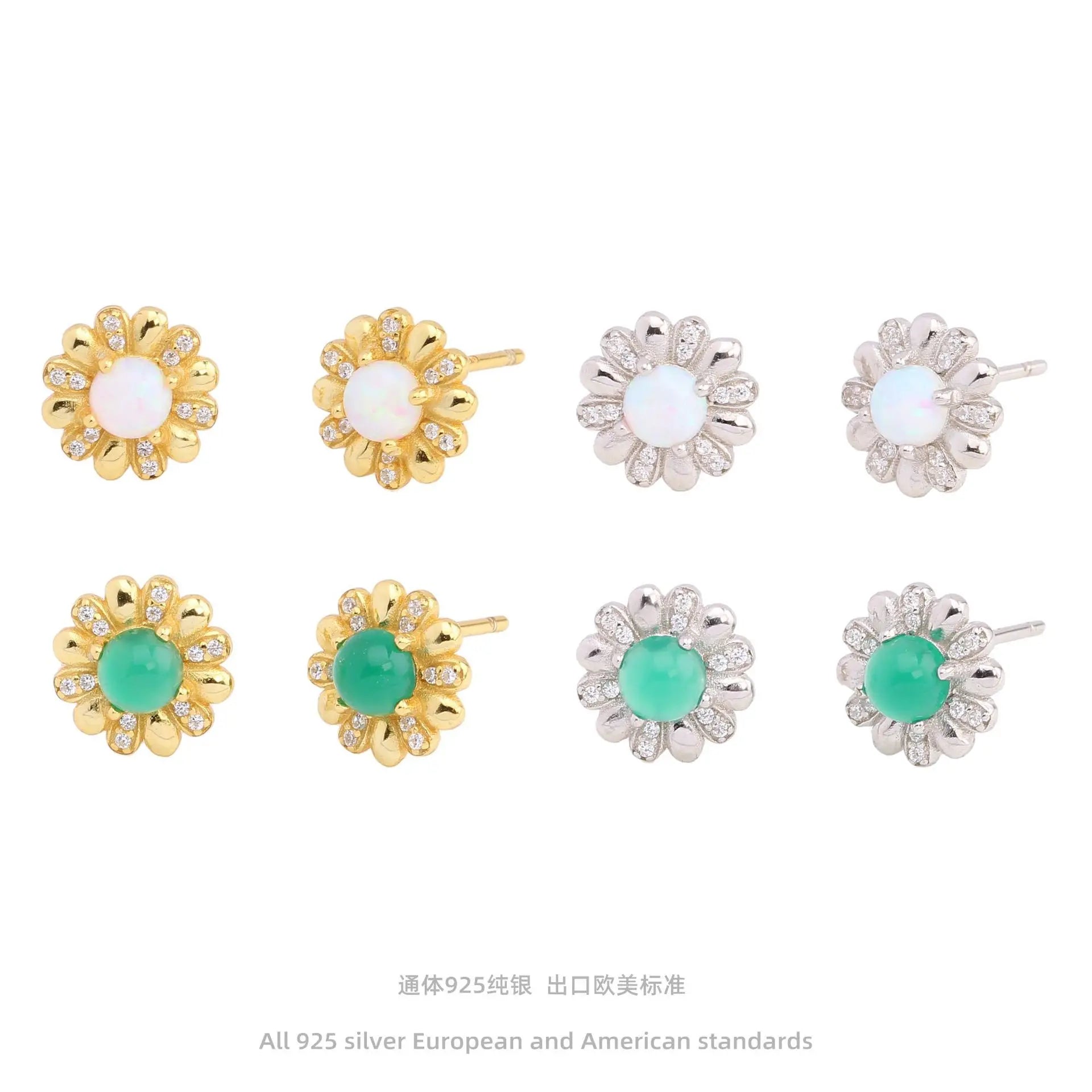 New Temperament Office Dressing Women's Bohemian Gold Plated Zircon Opal Stud Flower Earrings-Custom Party & Gift Jewelry