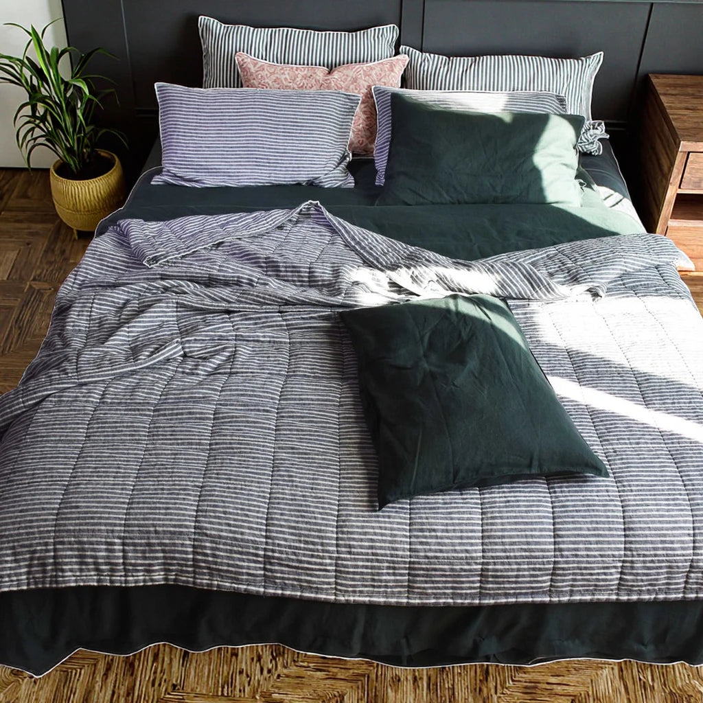 Manufacturer Luxury 100% French Flax Indigo Stripe Stone Washed Linen Quilt