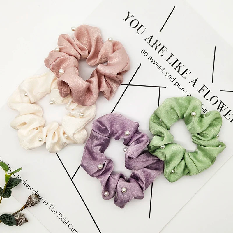 Factory Sale Pearl-Decorated Composite Silk Elastic Scrunchies-Fashion Oversized Hair Accessories with Multi-color Options