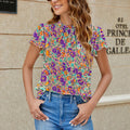 Guangdong Women Fashion Floral Printed Chiffon Blouse Casual Ruffle Round Neck Short Sleeve Loose Flowy Shirts Tops