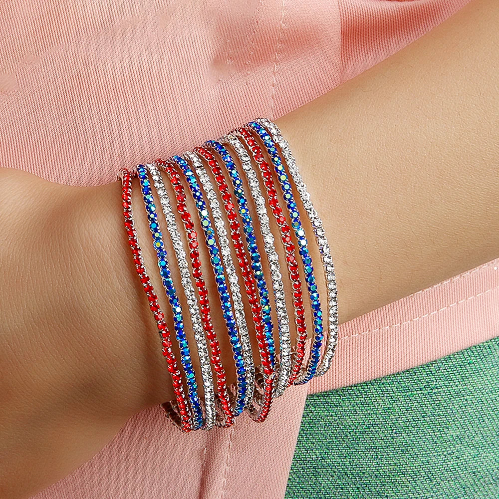 New Fashion 2mm Multi Color Rhinestone Women's Tennis Bracelet 12pcs Elastic White Red Blue Usa Flag Classic Bracelet Set
