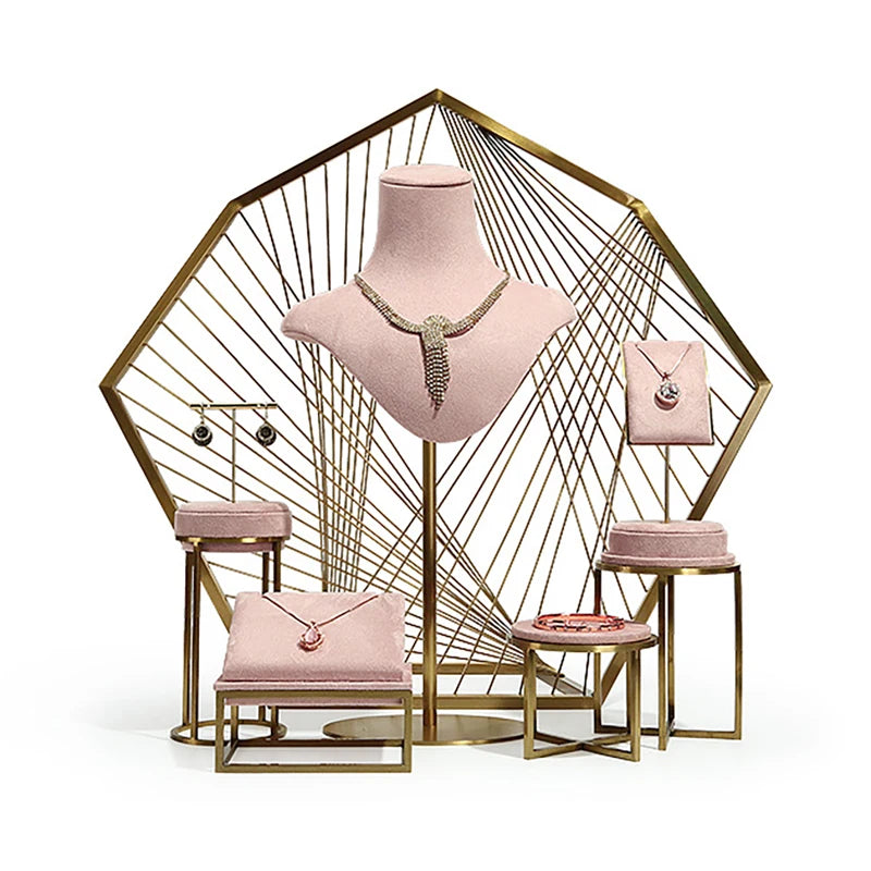 Hot Sale Unique Necklace Display Stand Jewelry pink Microfiber Jewelry Showcase Display Sets Earrings Display Stand