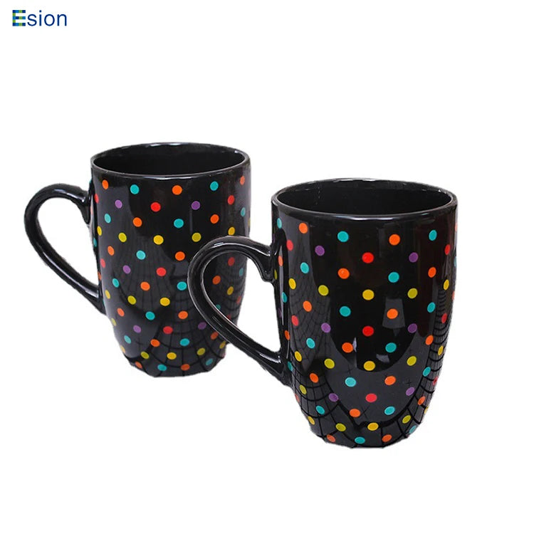Amazons Best Sellers Black Large Capacity Color Polka Dot Print Ceramic Mug Coffee Cup Tea Cup Waist Drum Cup with logo