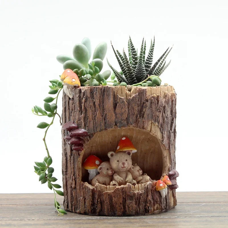 Hot Sale Personalized Creative Cute Animal Family Tree Hole Succulent Green Plants Bonsai Moss Plant Retro DIY Flower Pots