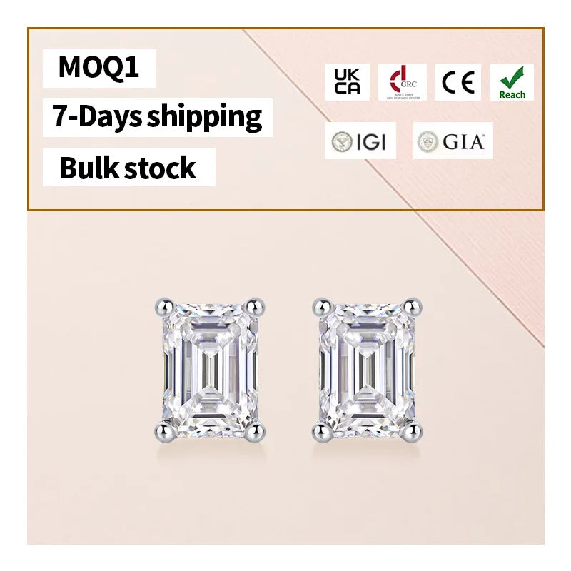 925 Sterling Silver Stud Earrings with Free Video & Picture Emerald Cut 0.5/1 Carat Moissanite VVS Grading Certificate Included