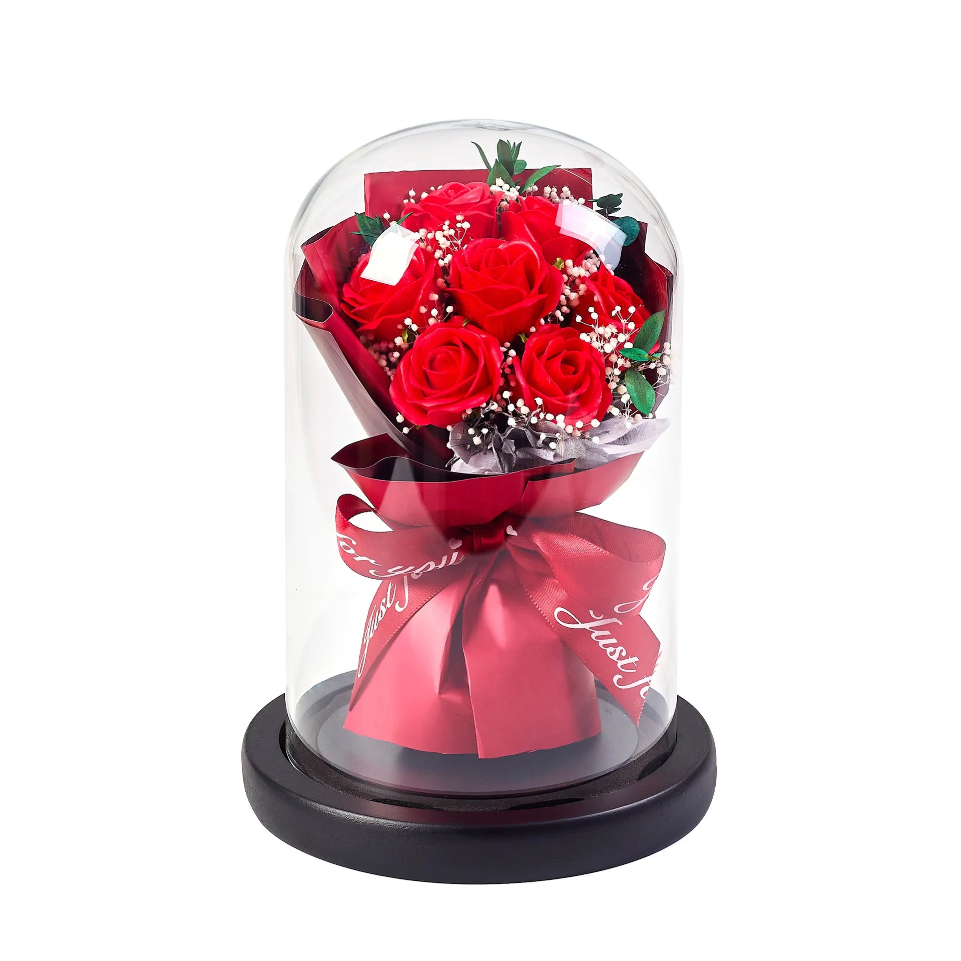 Home Decor Ornaments Valentines Mother Day Gift Artificial Rose Flowers in Glass Dome Eternal Rose Bouquet Soap Flower