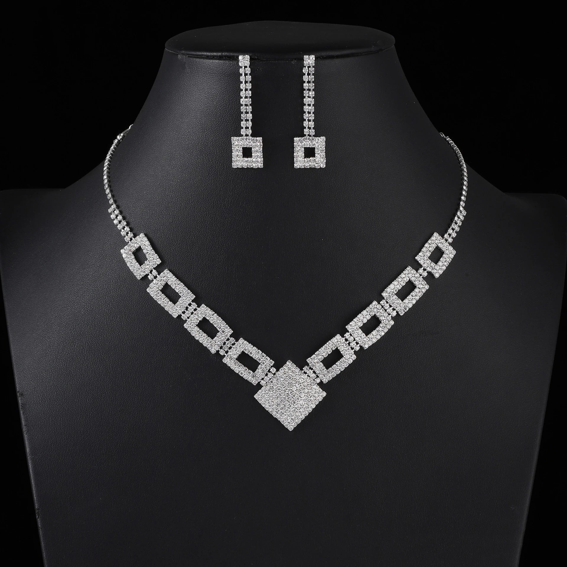 Bridal Square Rhinestone Necklace Earrings Set Simple Crystal Geometric Choker Necklace Wedding Accessories for Bridal Women
