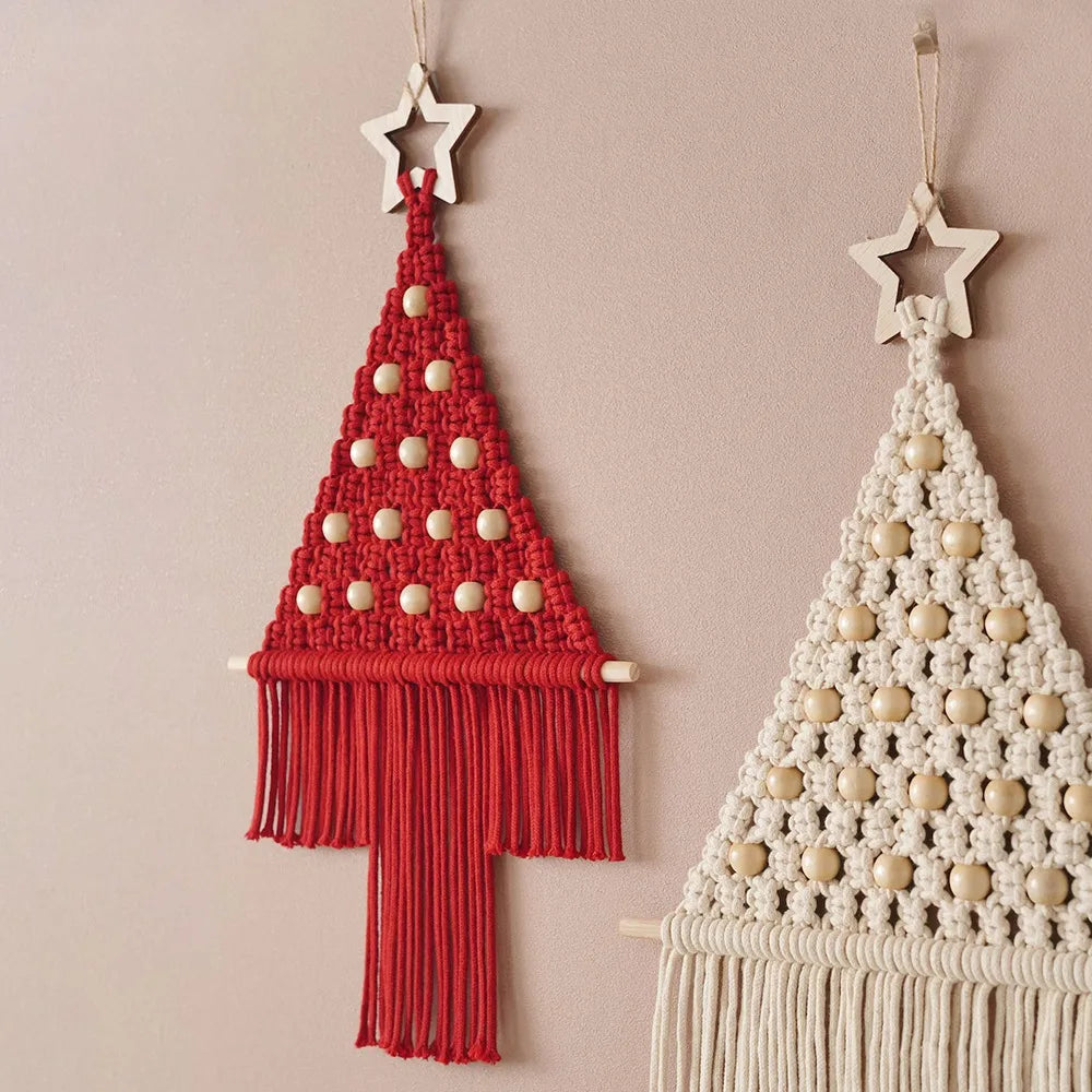 Cotton Macrame Christmas Tree Tapestry Christmas Ornament Handmade Wall Hanging Woven Tassel Boho Eco-Friendly Washable Home