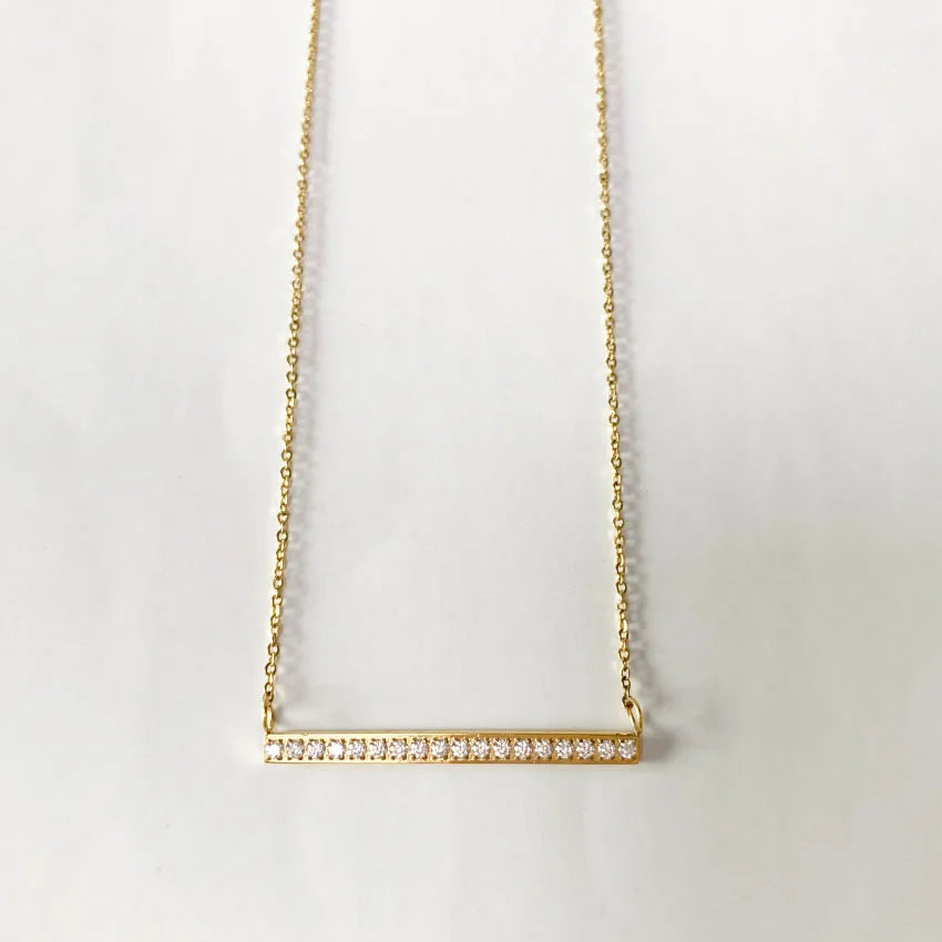 Minos Jewelry New Fashion Zircon Stone Necklace Stainless Steel 18K Gold Plated Shiny Cz Stone Bar Pendant Necklace for Gift