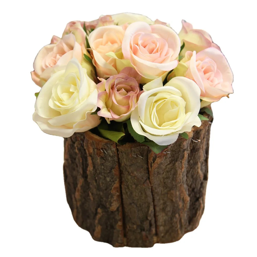 Wooden Flower Pot Bark Vase Rustic Country Style Flower Planter Farmhouse Plant Vase Container Arrangement 3.9 Inch