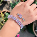 Fashion Elegant Jewelry Rectangle Round Cut Sparkling Cubic Zirconia Pink Wide Bracelet for Femme Gift Party Accessory