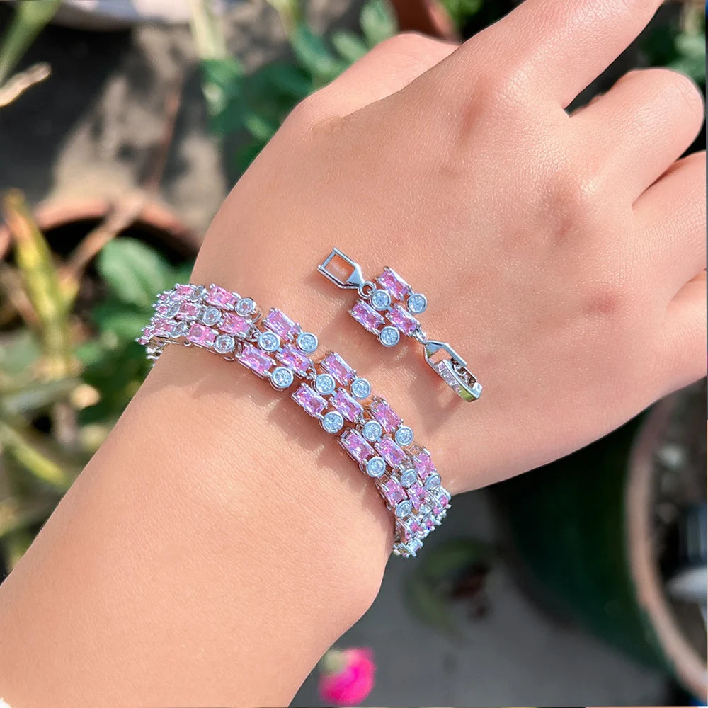 Fashion Elegant Jewelry Rectangle Round Cut Sparkling Cubic Zirconia Pink Wide Bracelet for Femme Gift Party Accessory